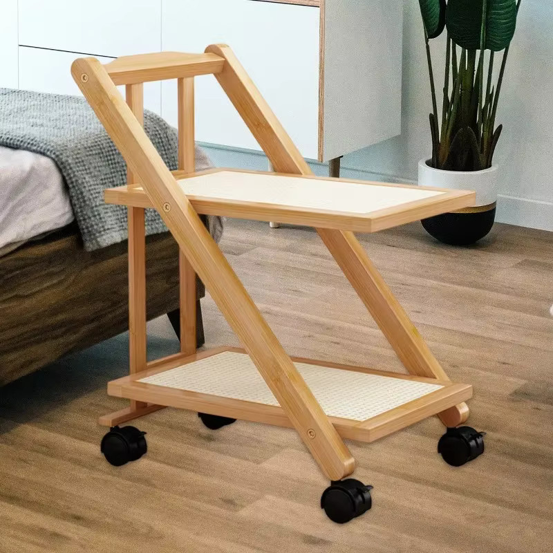 LIUSHADUOLA Faltbarer Nachttisch mit Rollen in Beige, 2-stöckiger Couchtisch und Sofa-Bücherregal aus Holz für dein Schlafzimmer - Bild 4