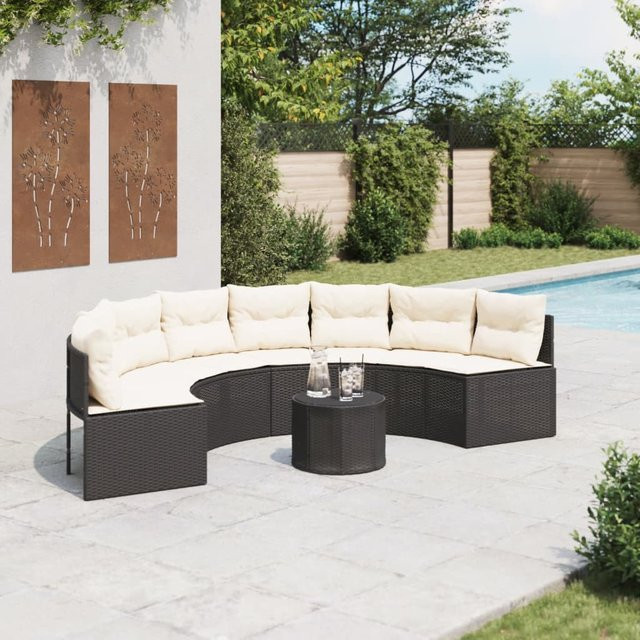 vidaXL Gartensofa halbrund aus schwarzem PE-Rattan mit Tisch und Kissen aus wetterbeständigem Polyester - Bild 3