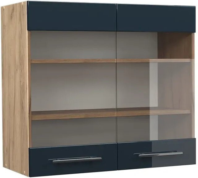 Vicco Glashängeschrank Fame-Line Küchenschrank in Dunkelblau Hochglanz und Eiche mit Glastüren und Soft-Close-Scharnieren B: 80 cm, H: 72 cm, T: 34,1 cm - Bild 2