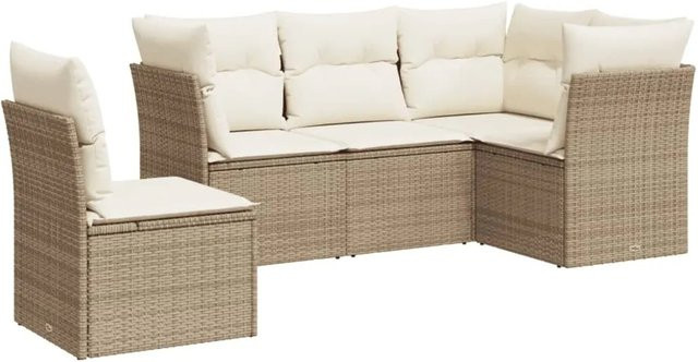 vidaXL 5-tlg Garten-Sofagarnitur in L-Form aus Poly-Rattan mit Kissen in Beige - Bild 1