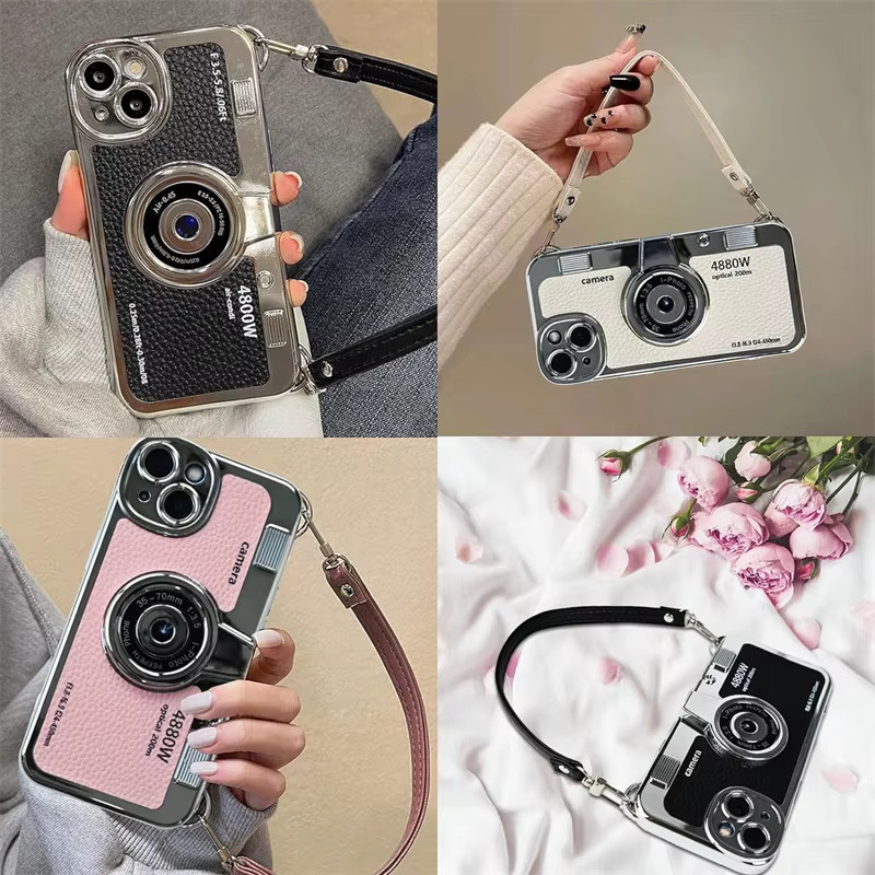 Vintage Kamera Leder Handyhülle mit Handschlaufe für iPhone in Pink von newteneight - Bild 4