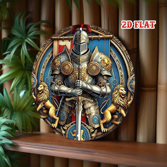 HELLOYOUNG Vintage Knightly Valor Metall-Wandkunst Aluminiumschild mit goldenen Löwen und blauem Schild, rahmenlos, B/H: 20 x 20 cm - Bild 1