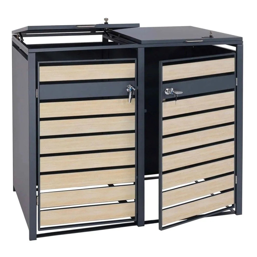 MCW 2er Mülltonnenverkleidung J81 Mülltonnenbox aus Metall in Anthrazit mit Buche-Holzoptik Hellbraun, B/T/H: 117 x 132 x 80 cm - Bild 2
