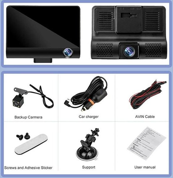 QLY Online 3-Kanal Auto Dashcam Full HD 1080P mit Rückfahrkamera und Black Box in Schwarz - Bild 1