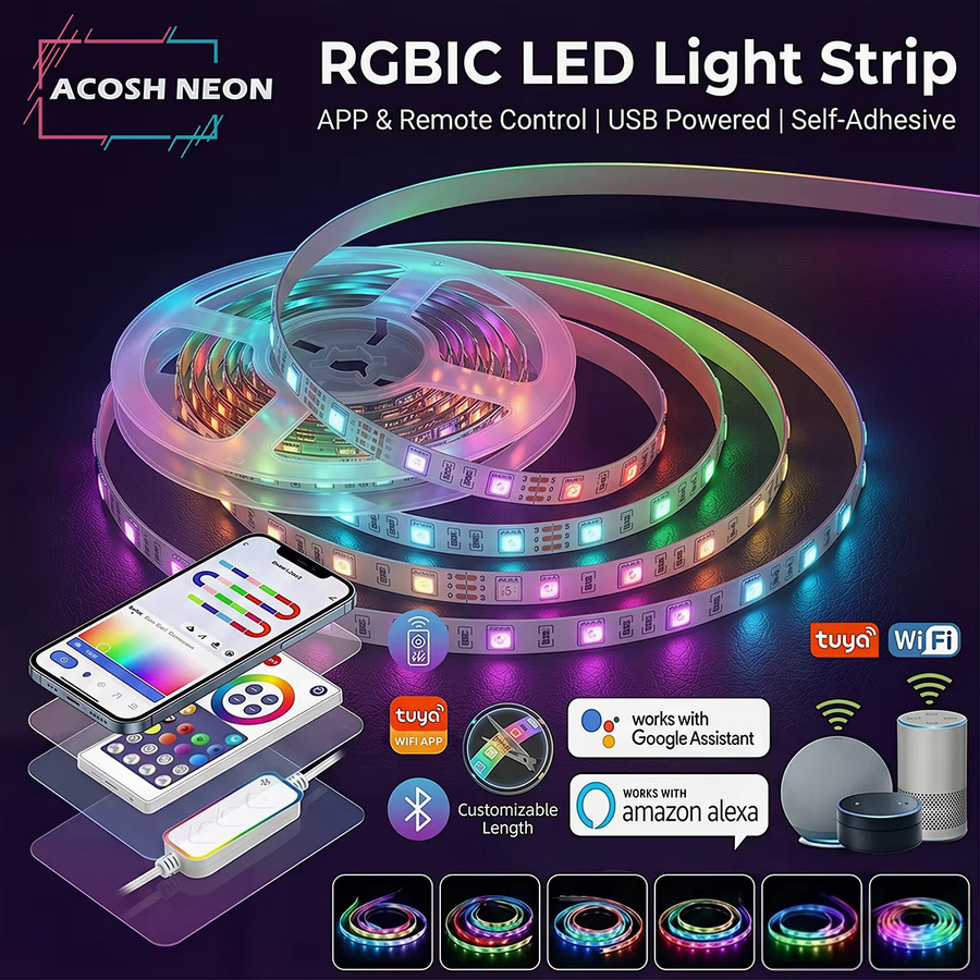 Tuya WiFi RGBIC LED-Lichtstreifen mit Musik-Synchronisation, USB-betrieben, kompatibel mit Amazon Alexa, Multicolor, inkl. Fernbedienung - Bild 2