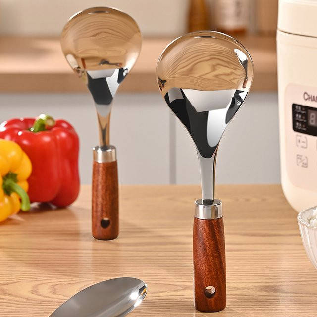 Venlohome Edelstahl-Reislöffel mit Holzgriff in Silber und Braun, hitzebeständiger Reiswaschlöffel und Spatel mit ovaler Form, Länge: 22,5 cm, Breite: 7,5 cm - Bild 1
