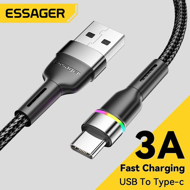 Essager USB C Kabel mit LED für schnelles Laden 3A, Typ C Datenkabel in Schwarz - Bild 1