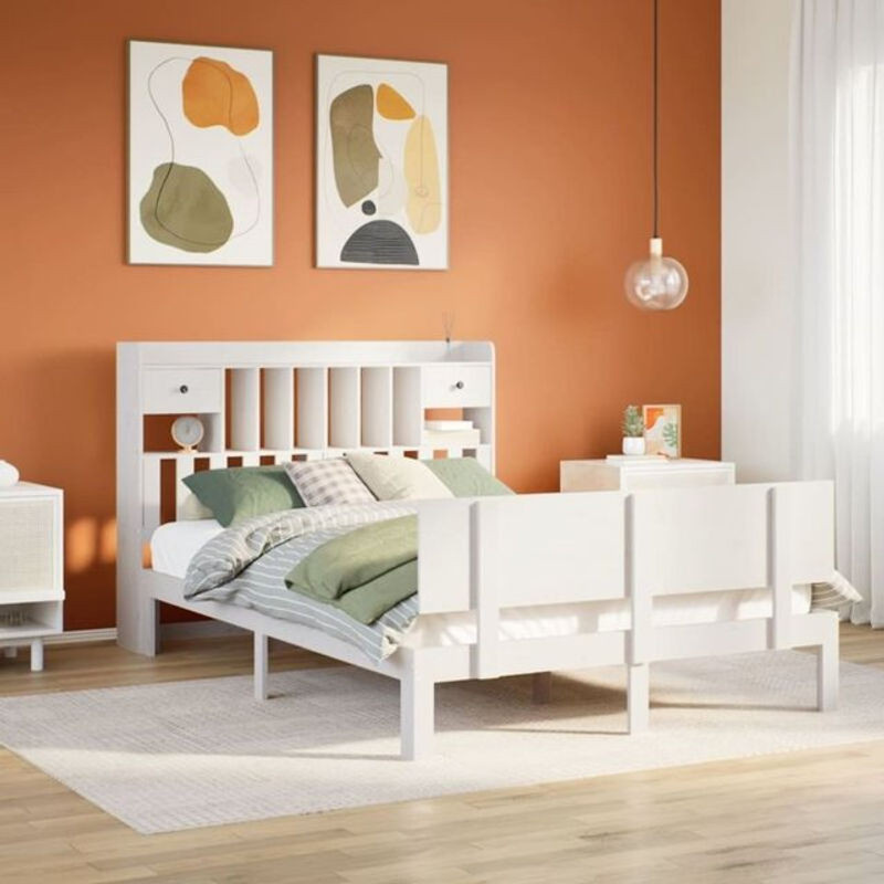 Massivholzbett Vidaxl aus Kiefer mit Regal in Weiß, B/T/H: 140 x 190 cm - Bild 1