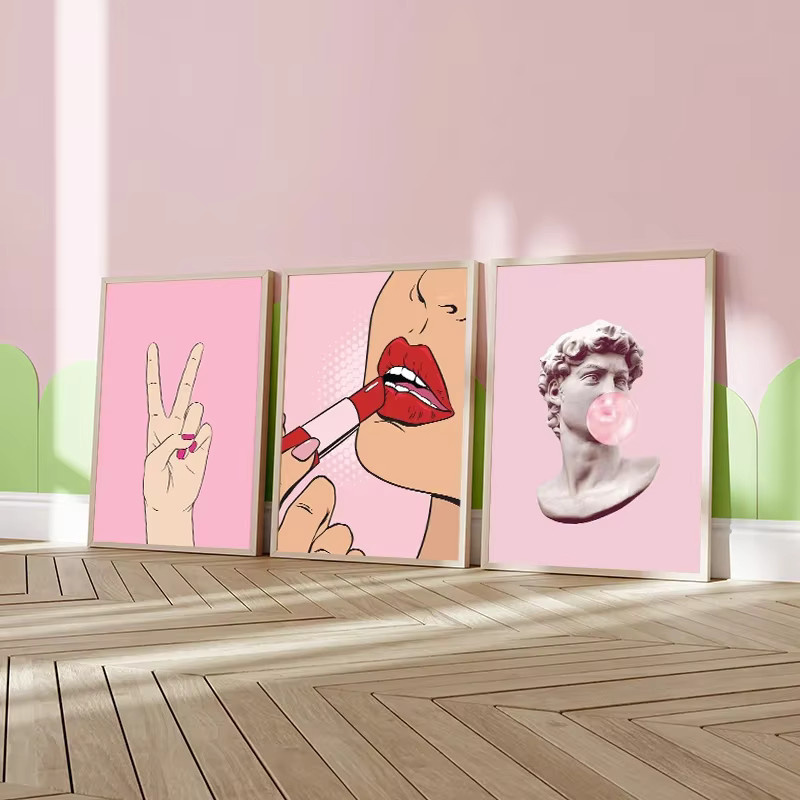 Potdemiel Nordic Pink Collection Poster mit roten Lippen und Herzen, abstrakter Wandkunstdruck in Pink und Rot, rahmenloser Papierposter für deine Wohnzimmerdekoration - Bild 1