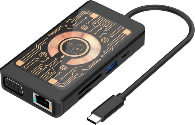 Qualo 9in1 USB-C Hub QTPB5-HUB-18 mit Wireless QI Ladefunktion in Grau mit HDMI, USB-A, Ethernet/LAN und 3,5 mm Klinke - Bild 1