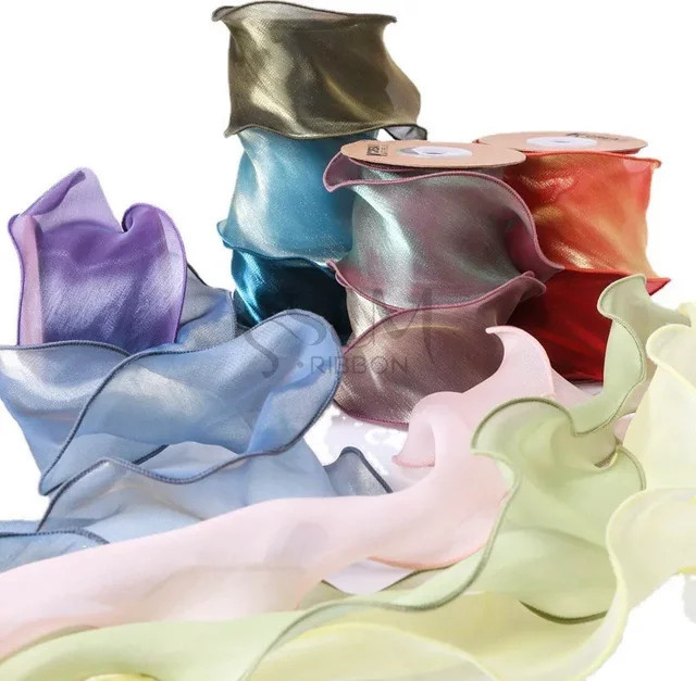 Buntes Seidenband mit gewelltem Rand für DIY Haarschleifen und Nähzubehör, 10 Yards, Multicolour und Grün - Bild 1