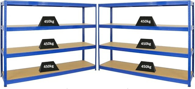PROREGAL Dino Schwerlastregal Set 2er Pack Blau, H x B x T: 180 x 240 x 60 cm, mit verstellbaren MDF-Holzböden und pulverbeschichtetem Metallgestell - Bild 1