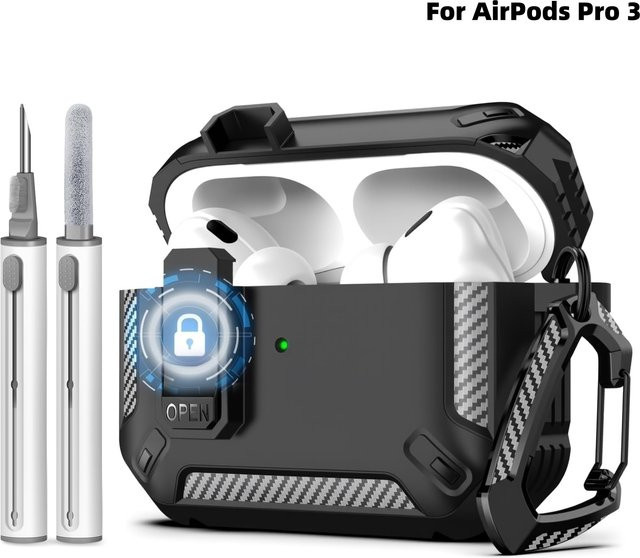 Apple AirPods Pro 3 Secure Lock Kopfhörerhülle in Schwarz oder Transparent mit Reinigungsstift und stoßfester Hartschale - Bild 1