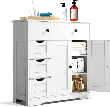 VEVOR Badezimmerschrank aus Holz in Weiß, 4-stufiger freistehender Aufbewahrungsorganisator mit 2 Türen, 4 Schubladen und verstellbarem Regalfach, modernes Möbelstück für Bad, Küche oder Wohnzimmer, B/T/H: 81,0 x 31,9 x 30,0 cm - Bild 1