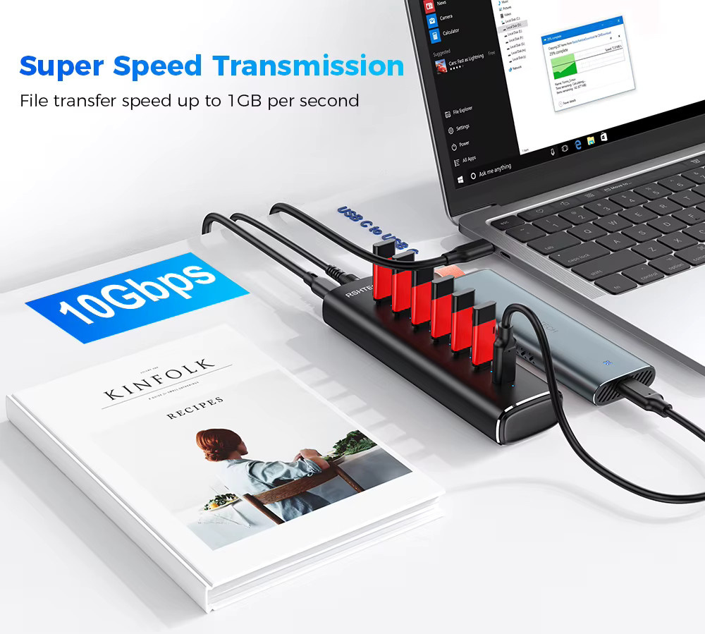 RSHTECH USB-C 3.2 Hub aus Aluminium in Schwarz mit 7 Anschlüssen, 10Gbps Datenübertragung und 12V/3A Netzteil - Bild 2