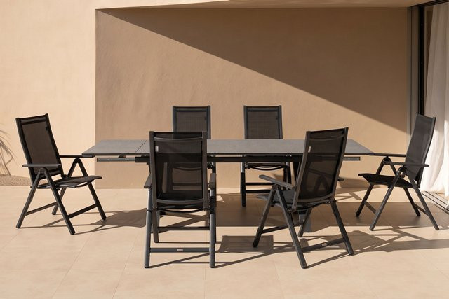 OUTFLEXX Garten-Essgruppe für 6 Personen aus Aluminium und Textilene in Anthrazit mit ausziehbarem Tisch und Klappstühlen - Bild 1