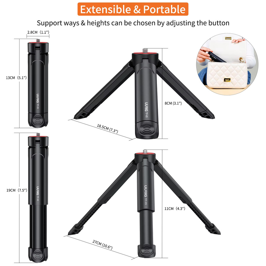 Uurig TP-05 Mini Stativ Schwarz, höhenverstellbares Tischstativ mit 1/4 Zoll Schraube für Kugelkopf, Telefonklemme und spiegellose Kamera - Bild 2
