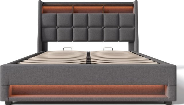 Polsterbett AB Store in Grau mit Matratze, Gasdruck-Lift für Stauraum, USB-Ladeport, Nachttischregal und Unterbettbeleuchtung, H x B x T: 210 x 145 x 117 cm - Bild 1