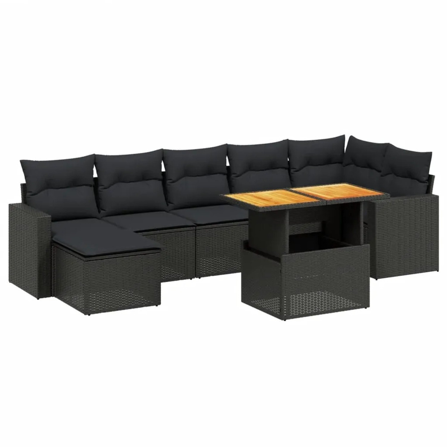 vidaXL 8-teilige Garten-Sofagarnitur in L-Form aus schwarzem Poly-Rattan mit Kissen und Akazienholz - Bild 2