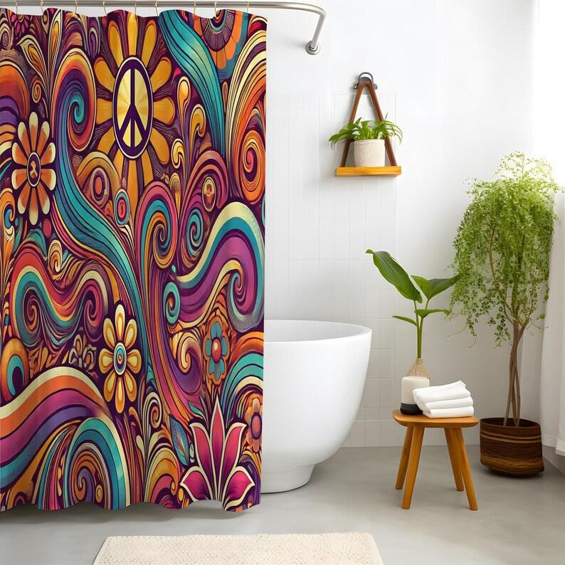 Dunika Chen Hippie-Duschvorhang im Retro 70er Jahre Stil mit Friedenszeichen und bunten Wirbelmustern, Boho Badezimmer Deko, Farbe: Multicolour, Breite: 90 cm, Höhe: 180 cm - Bild 3
