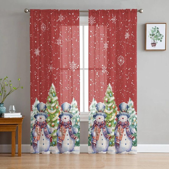 Yiran Furniture Weihnachts-Tüllvorhang mit Schneeflocken und Schneemann in Grau, transparent, Breite: 135 cm, Höhe: 115 cm - Bild 1