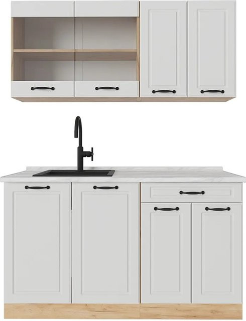Vicco R-Line Singleküche Landhaus Weiß Struktur mit Marmor-Optik, B/T/H: 140 x 60 x 81,6 cm - Bild 1