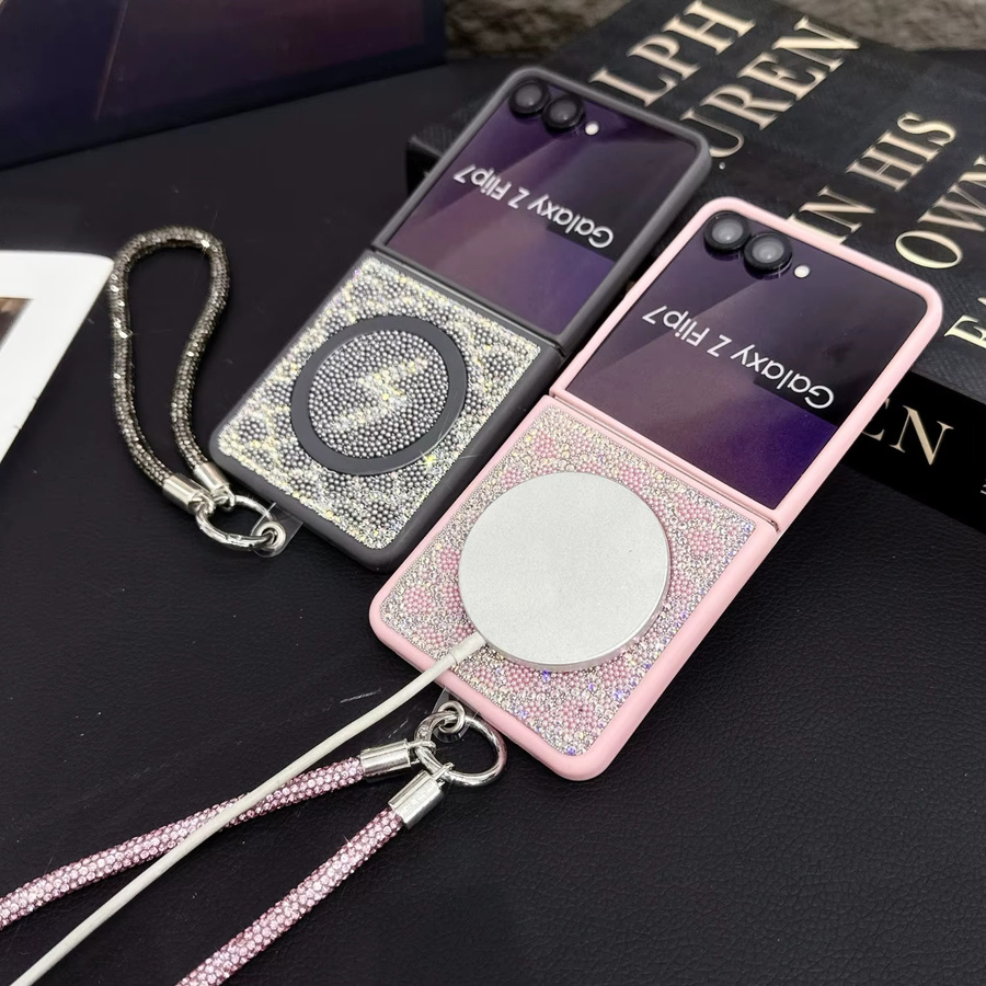Flash Diamond Magnetische Faltbare Schutzhülle für Samsung Z Flip 6 7 FE in Purple mit Luxuriösem Voll-Diamant-Design und Trageriemen - Bild 2