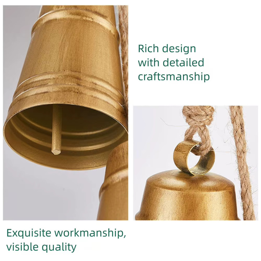 Handgefertigte Vintage Weihnachtsglocken aus Metall in Gold als rustikale Dekoration mit Seil zum Aufhängen - Bild 5
