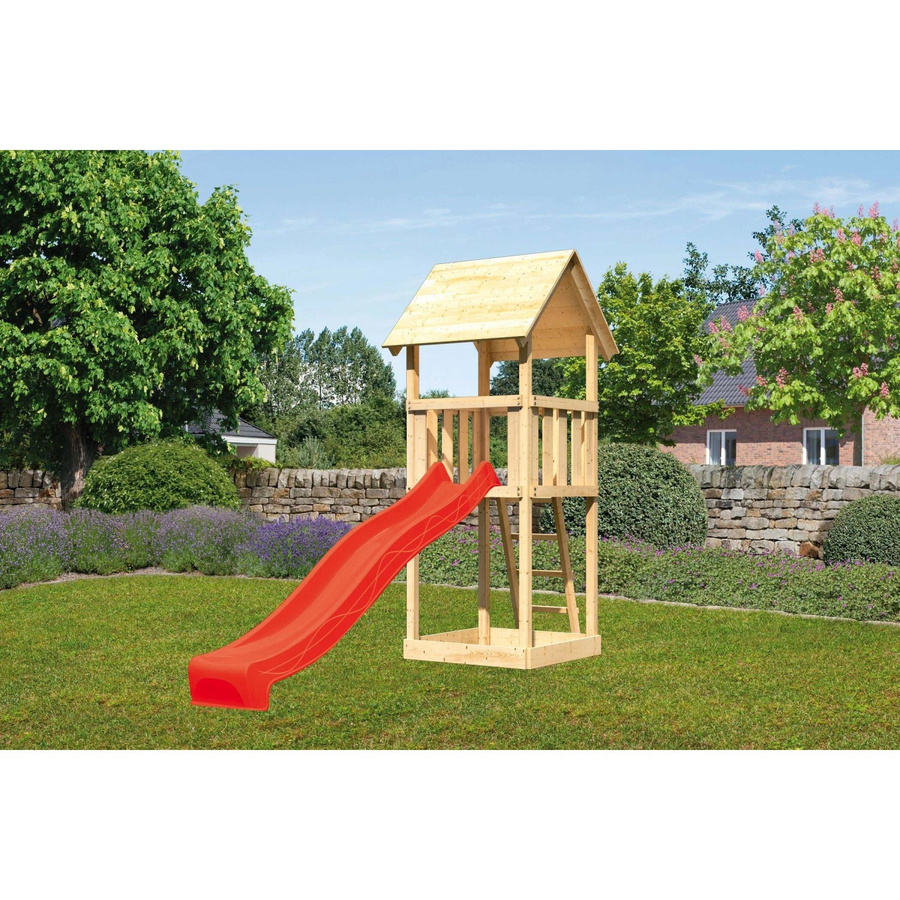 Karibu Spielturm Lotti Naturbelassen mit Satteldach und Rutsche in Rot - Bild 2