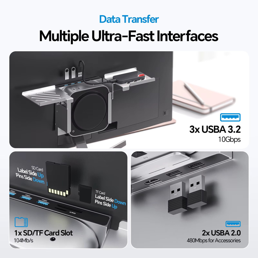 PULWTOP Mac Mini M4 Hub mit NVMe SSD-Gehäuse, HDMI 4K@60Hz und USB-A 10Gbps, Metallhalterung für Monitor, Schreibtisch und VESA-Anschluss, Silber - Bild 2