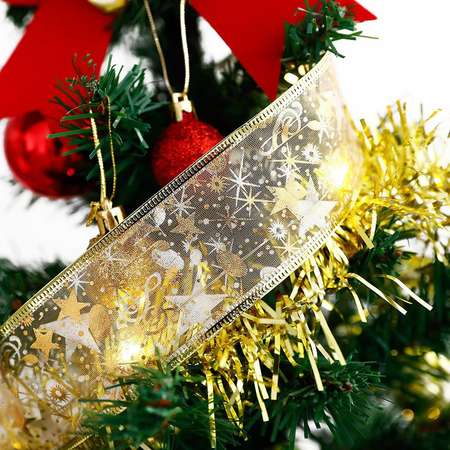 Glitzerndes Weihnachtsband in Gold mit Sternen-Motiv, 10 m Textilband mit Draht für Weihnachtsbaum, Kränze und Geschenkverpackungen - Bild 4