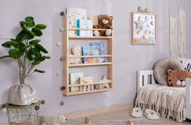TiCAA Kinder Bücherregal Toni in Weiß, Skandinavisches Design aus Holz, Wandmontage - Bild 1