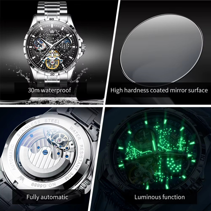 OLEVS Chronograph, Automatik, Edelstahl, Schwarz, Silber, Herren - Bild 3