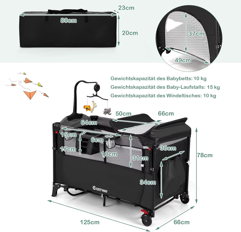GOFLAME 5-in-1 Reisebett für Babys in Grau mit Matratze, Wickelunterlage, Spielzeug, Spieluhr und Tragetasche, B/B: 120 x 60 cm - Bild 5