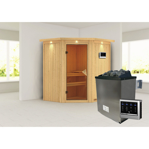 Karibu Sauna Narva in Beige mit 9 kW Saunaofen und externer Steuerung für 3 Personen, B/T/H: 202 x 184 x 165 cm - Bild 2
