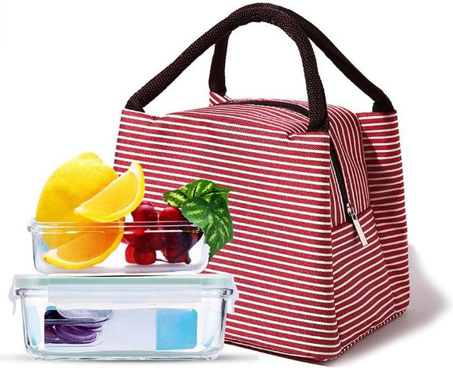 Isolierte Lunchtasche Weft mit Streifenmuster in Hellrosa und Rot, wasserdichter thermischer Lebensmittelbehälter für Damen und Kinder - Bild 1