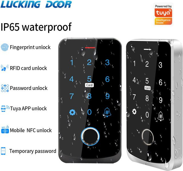 Tuya Zugangskontrolltastatur mit Bluetooth-Fernbedienung, RFID IC M1 Karten- und Fingerabdruck-Zugang, Tastenfeld-Türöffner in Schwarz - Bild 1
