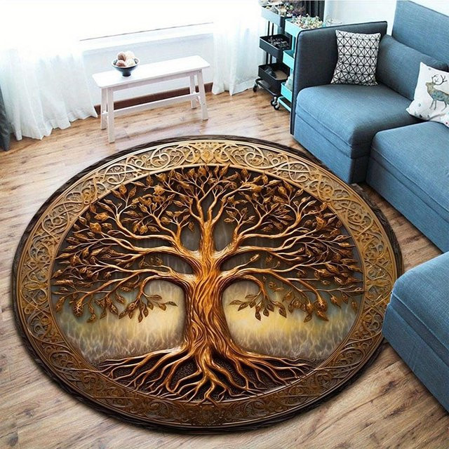 Karpetti Runder Teppich Lebensbaum in Gold, Rutschfeste Samtmatte aus Polyester, Durchmesser: 90 cm - Bild 1