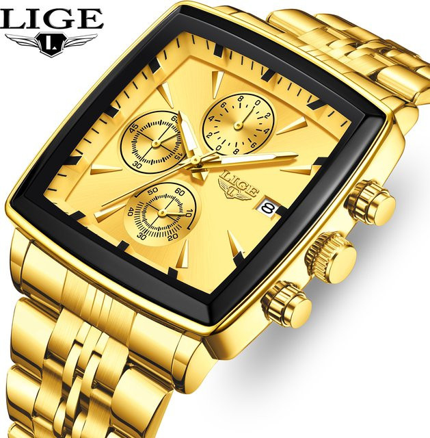 LIGE Chronograph Armbanduhr, Edelstahl, Gold, Quarz, Herren, Eckig - Bild 1