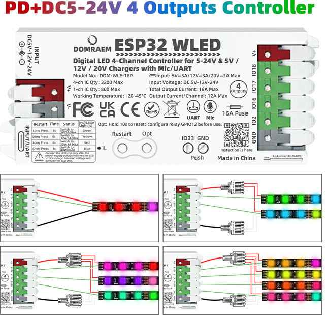 DOMRAEM ESP32 4-Kanal WLED-Controller mit Sound-Sync, eingebautem Mikrofon und Pegelwandler für RGBIC LED-Streifen (WS2811, WS2812B, WS2814, WS2805, SK6812) - Bild 1