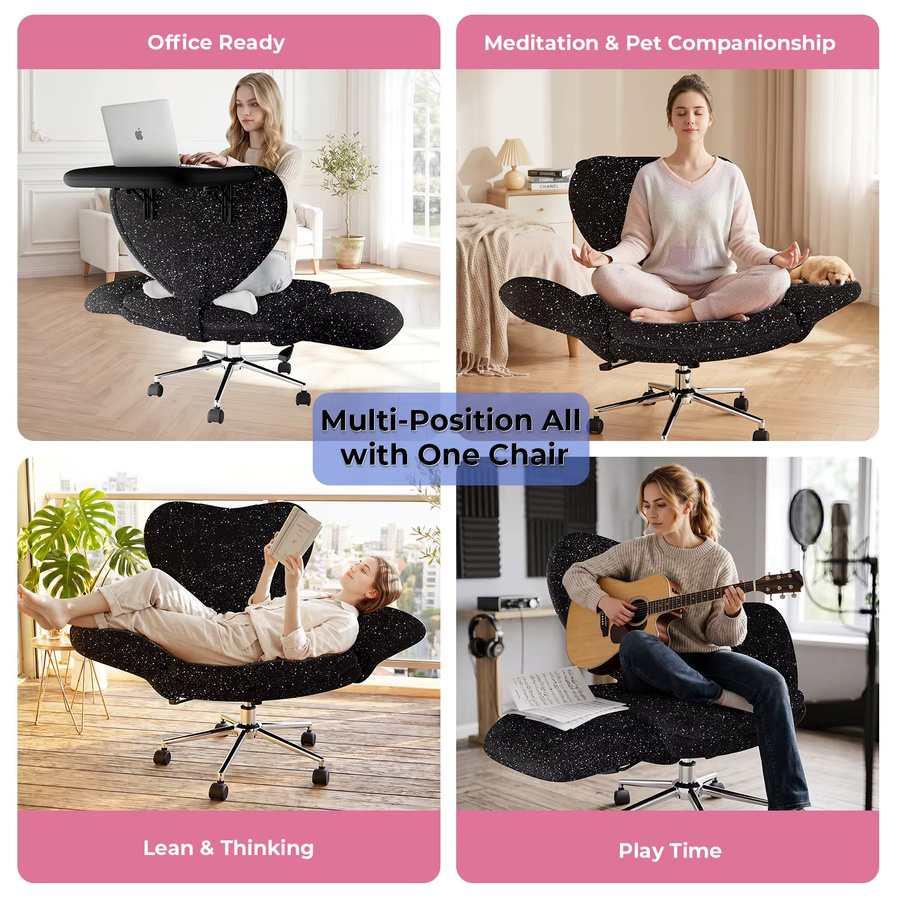 Patbrela Herzförmiger Loungesessel mit klappbarem Laptoptisch, drehbarer Stoff-Freizeitstuhl und Höhenverstellung, Farbe: Pink/Schwarz - Bild 3