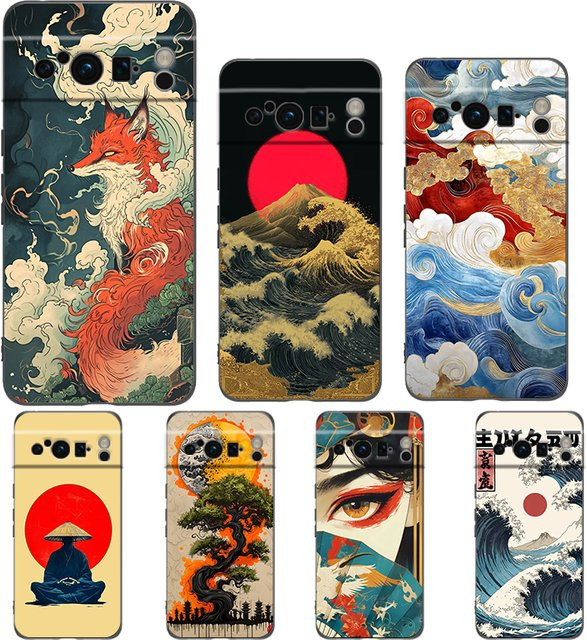 Stoßfeste TPU-Handyhülle mit japanischem Kunstdesign für Google Pixel 10 9 8 7 6 Pro XL 5G in Schwarz - Bild 1