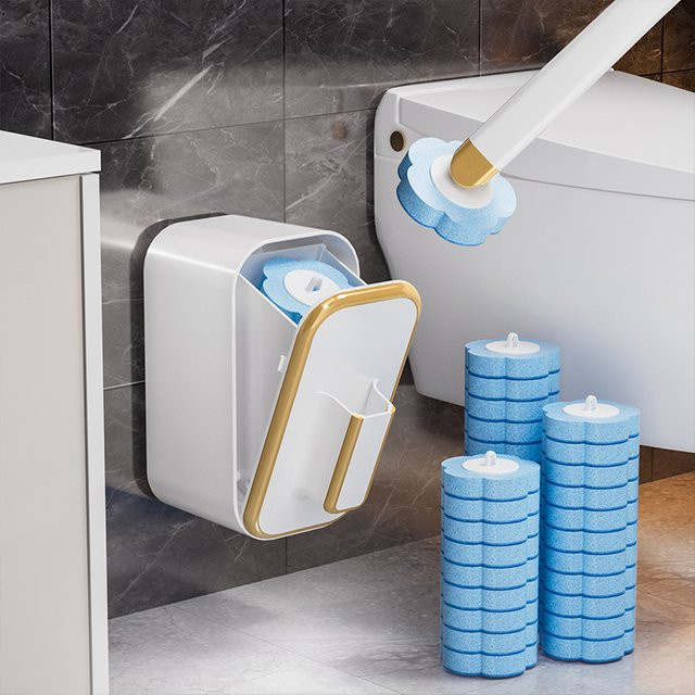 YITU Wandmontiertes Einweg-Toilettenbürsten-Set mit langem Griff und integrierter antibakterieller Reinigungsflüssigkeit inklusive Ersatzbürstenköpfen - Bild 1