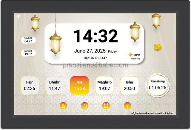 Digitale Azan Uhr mit Wifi und Touchscreen, Muslimische Gebetsuhr mit Koranrezitation und digitalem Fotorahmen, Schwarz - Bild 1