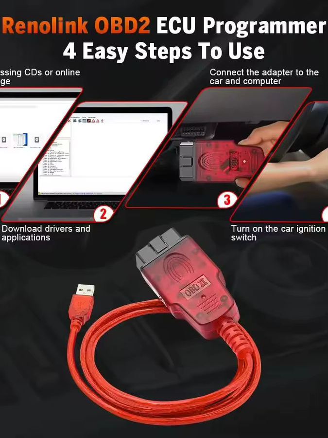 Renolink v2.11 Diagnosegerät für Renault ECU Programmierung, Schlüssel-Immo-Codierung und Airbag-Reset via OBD2 und USB-C, Farbe: Rot - Bild 4
