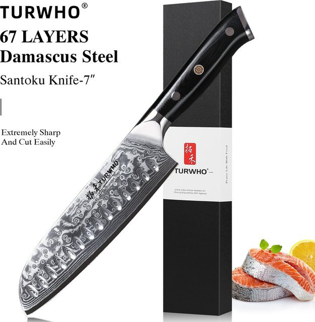 TURWHO Santokumesser im japanischen Stil aus Damaststahl, Silber, Klingenlänge: 17,78 cm - Bild 1