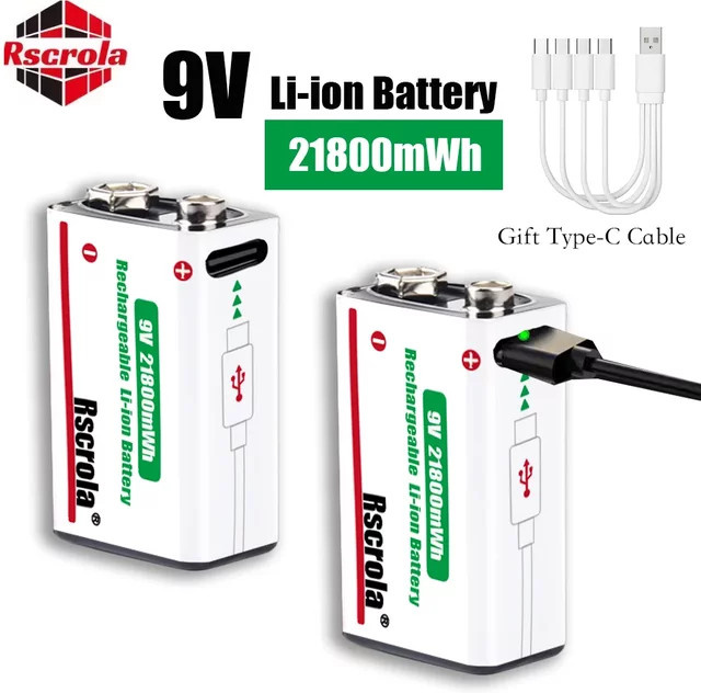 Rscrola 9V Lithium-Ionen-Akku mit 21800 mWh Kapazität in Weiß für Mikrofone, Gitarren und Pedale inklusive Kabel - Bild 1