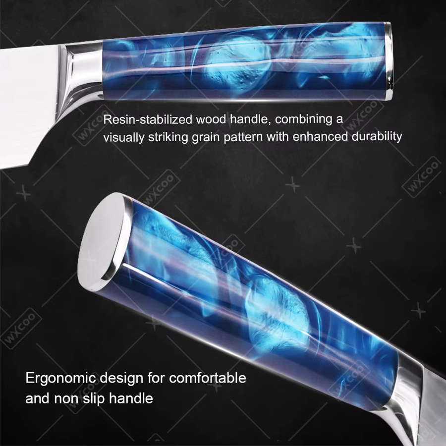 WXCOO Professionelles Japanisches Santoku-Küchenmesser mit Damaszener-Muster und blauem Kunstharzgriff - Bild 4