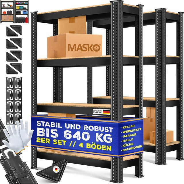 MASKO 2er-Set Schwerlastregal aus Metall mit verstellbaren MDF-Platten als Lagerregal für Werkstatt, Garage und Keller - Bild 1