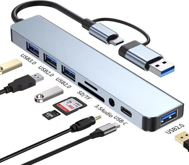 OULLX 8in1 USB C Dockingstation in Silber mit 3,5 mm Audio-Klinke und Micro SD Kartenleser für Laptop, Tablet und Smartphone - Bild 1